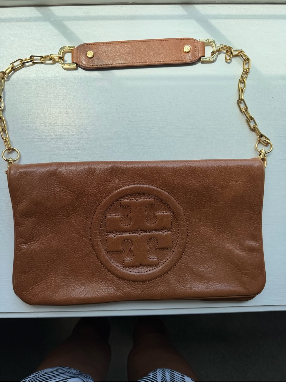 Tory Burch Cognac Leather Clutch with Gold Chain Strap